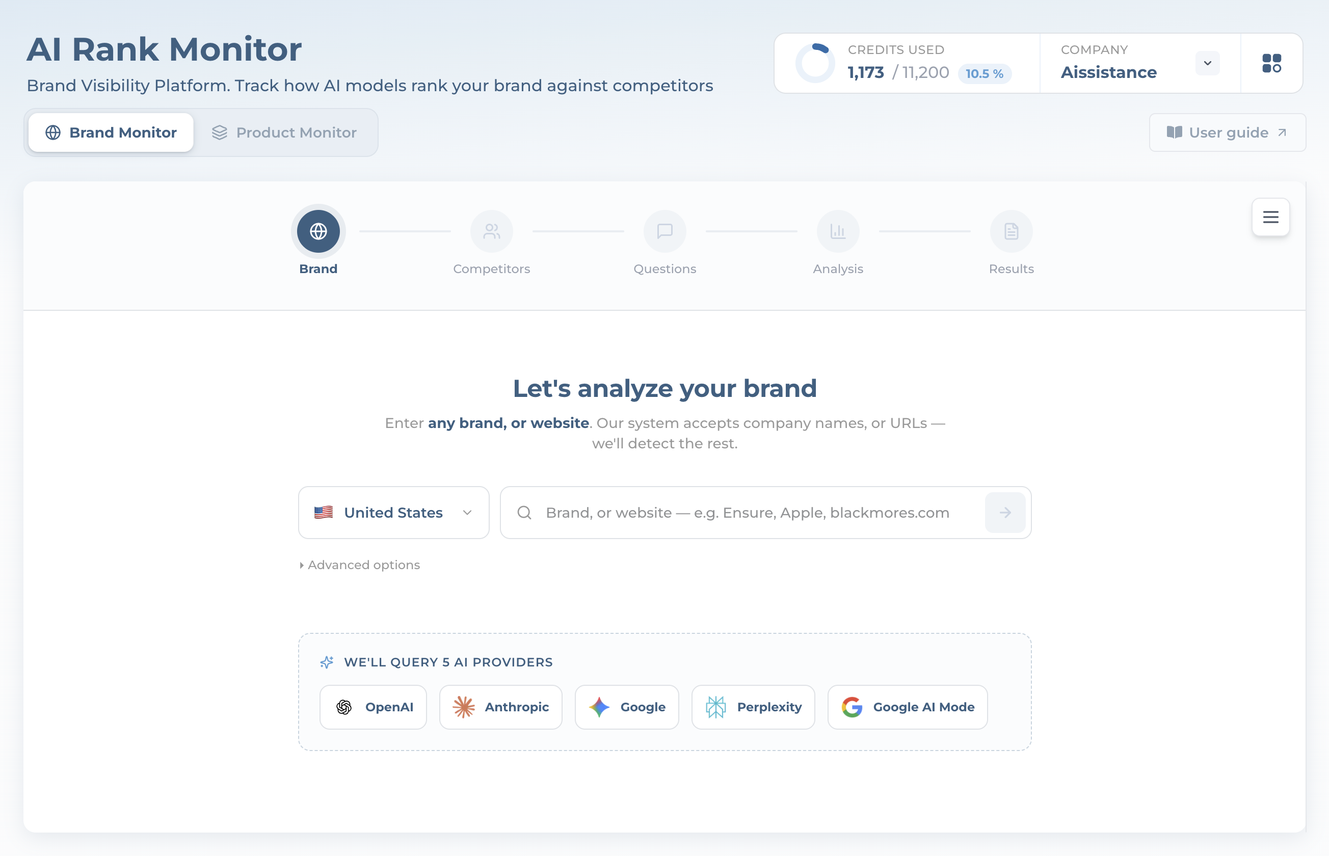 AI Rank Monitor landing screen with Brand Monitor and Product Monitor tabs and five AI provider chips