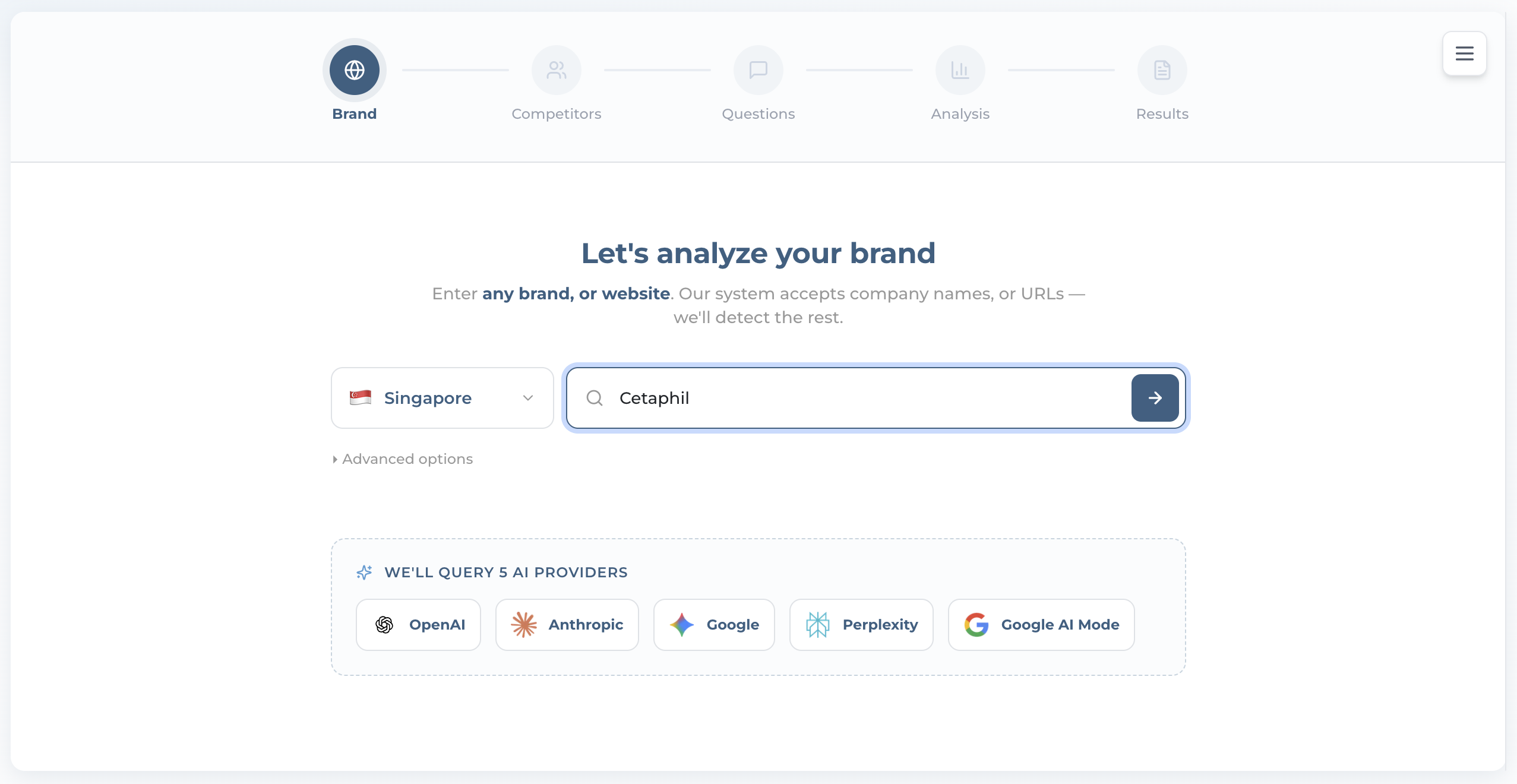 Brand input with the market locale set and a brand typed into the search box