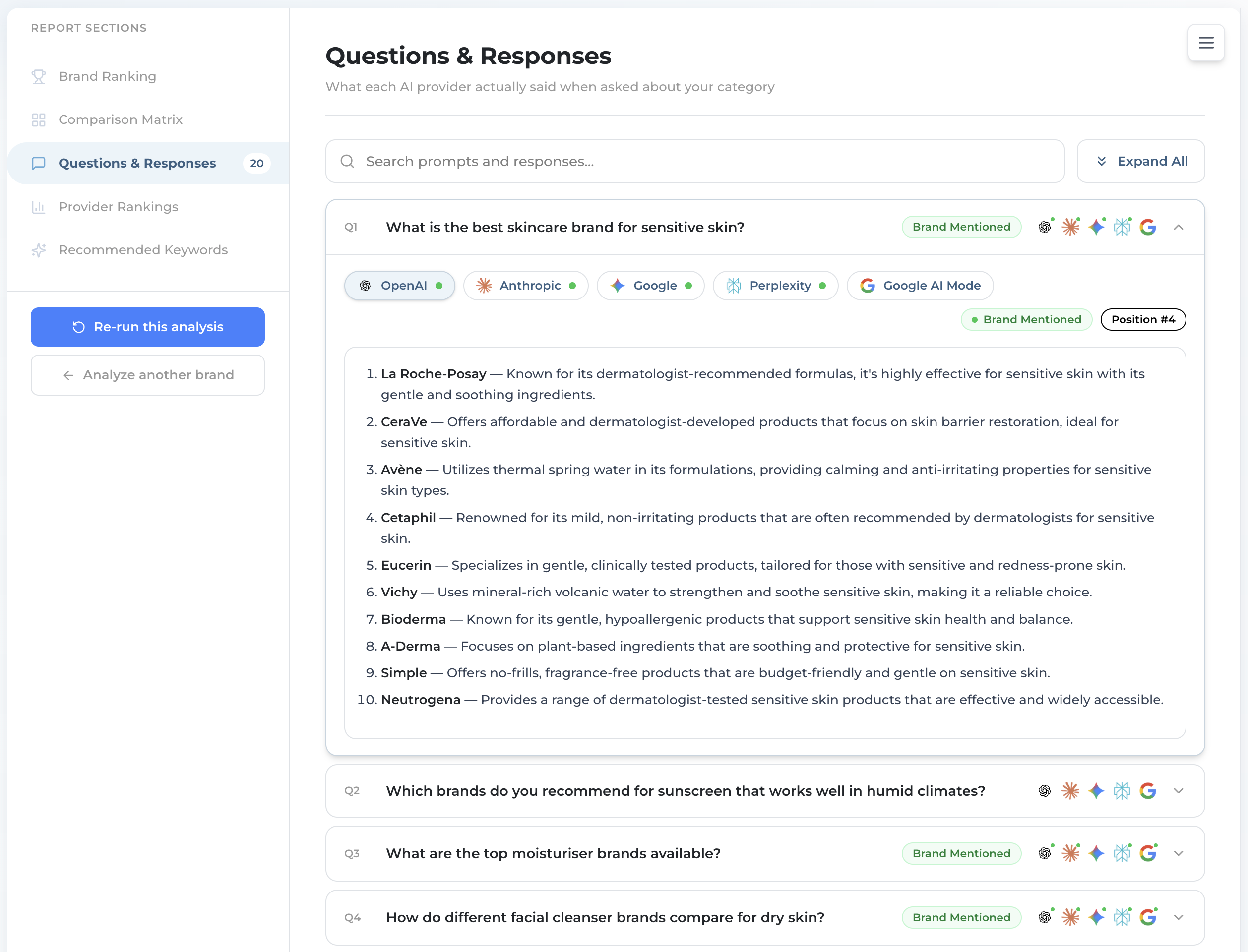 An expanded question showing a provider's verbatim answer with the brand ranked and a position tag