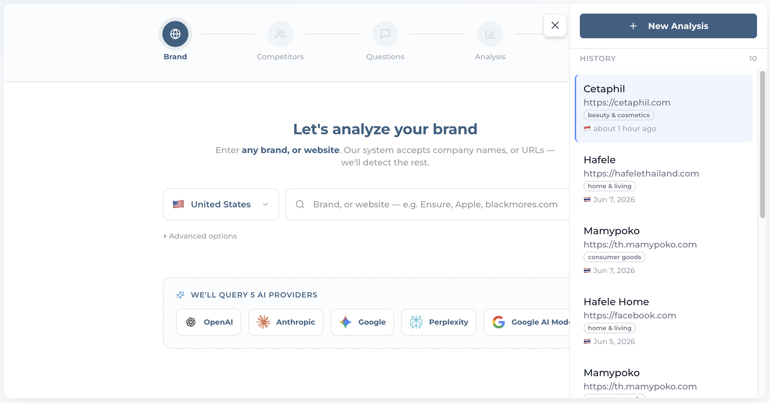 Analysis history sidebar listing past analyses with the newest on top and a New Analysis button