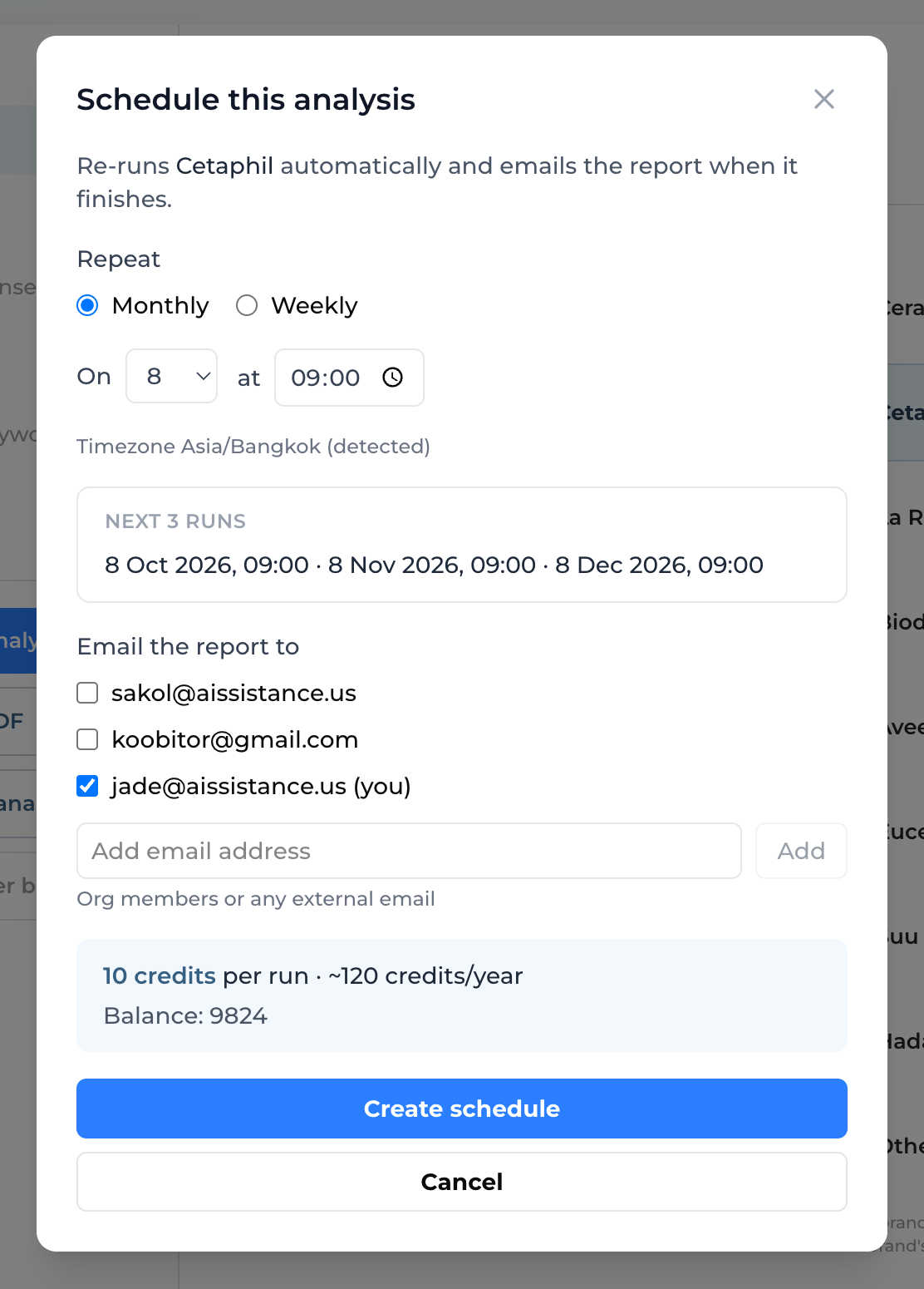 Schedule this analysis dialog with the Monthly and Weekly options, day and time pickers, recipients and the credit cost line