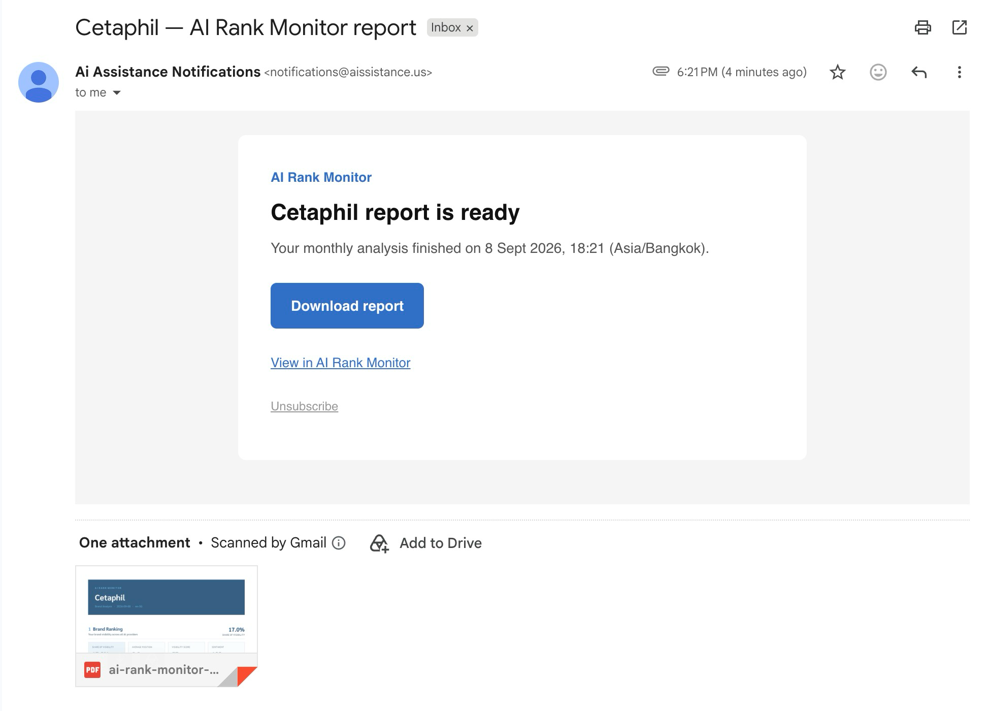 Completion email with the report-is-ready headline, the Download report button and the PDF attached