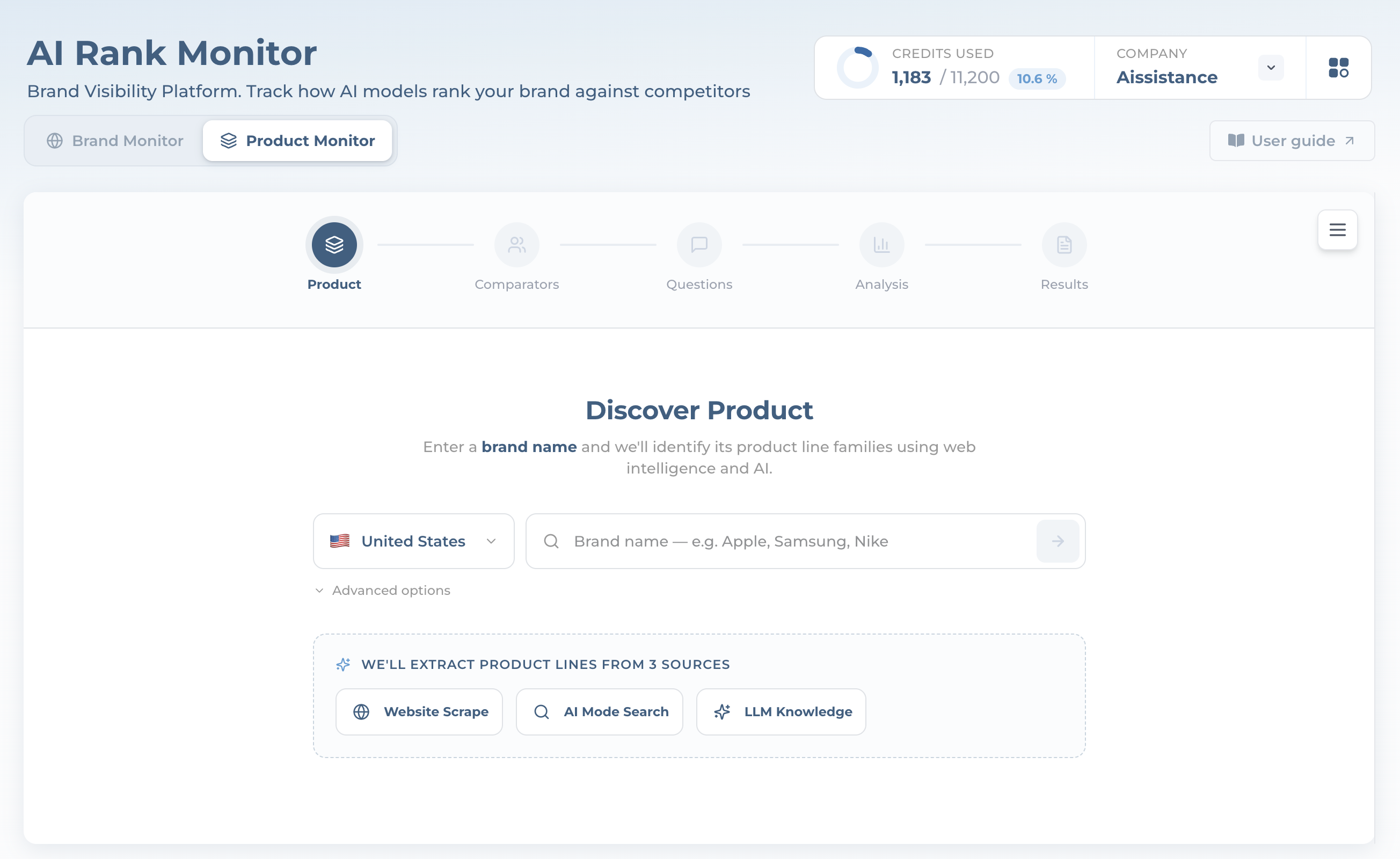 Discover Product screen with a brand-name field and three extraction sources