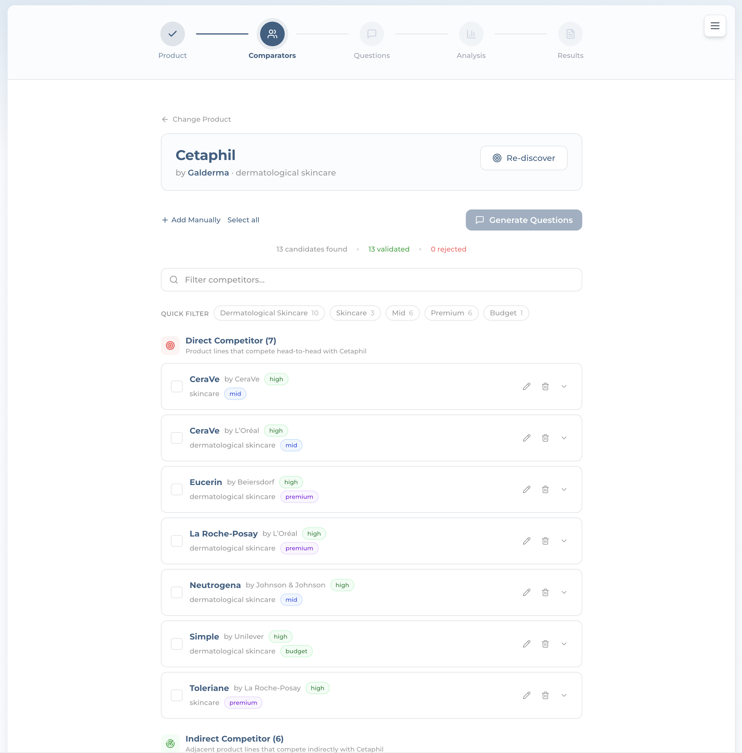 Comparator products split into Direct and Indirect competitors with confidence badges and price tiers