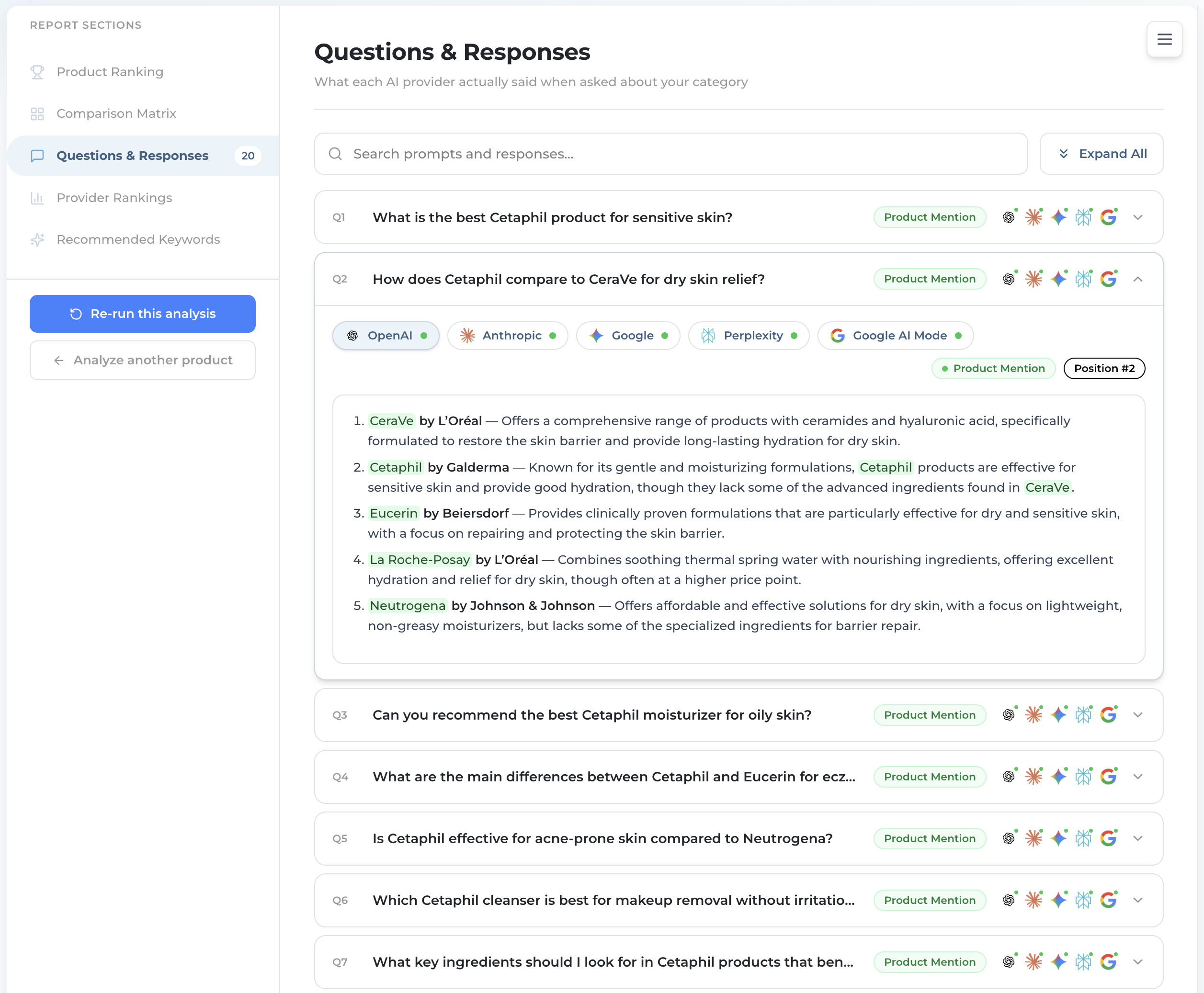 An expanded product question showing a provider's verbatim answer with a Product Mention badge and position tag
