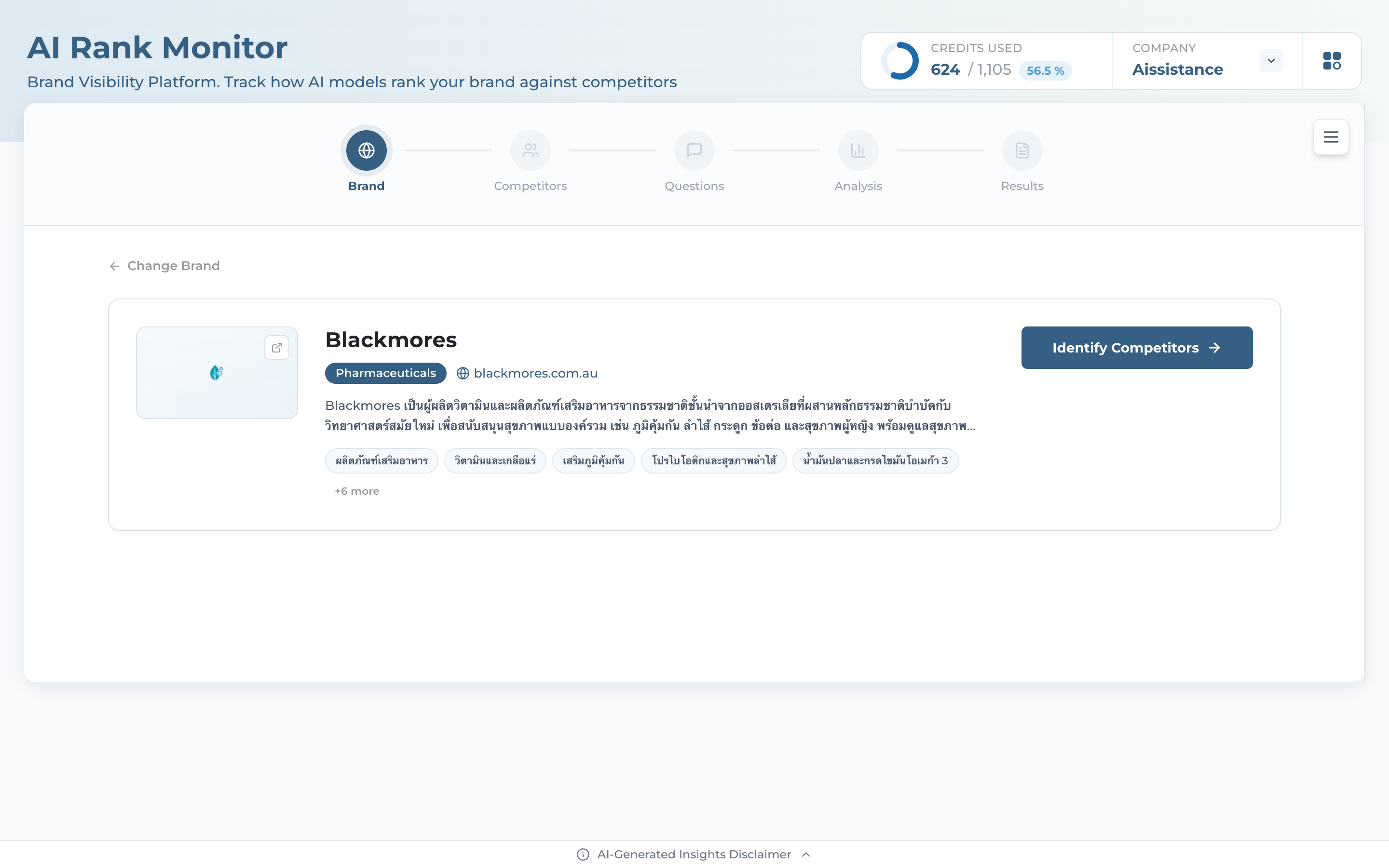 Company confirmation card for Blackmores with industry, description and keywords