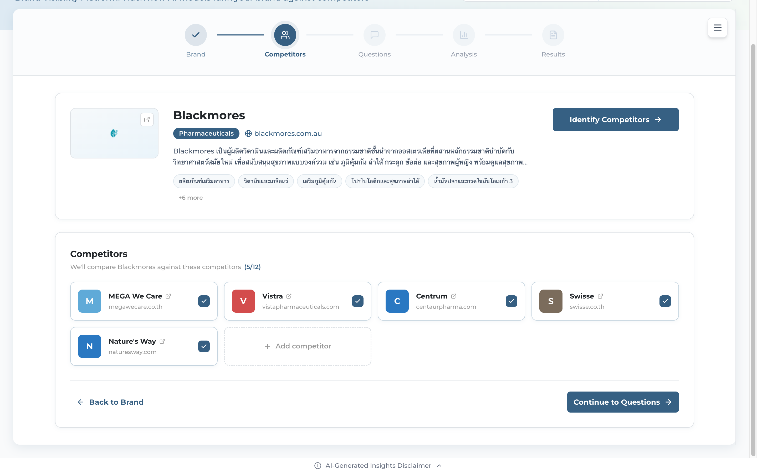 Competitor selection grid with five auto-discovered competitors, all selected