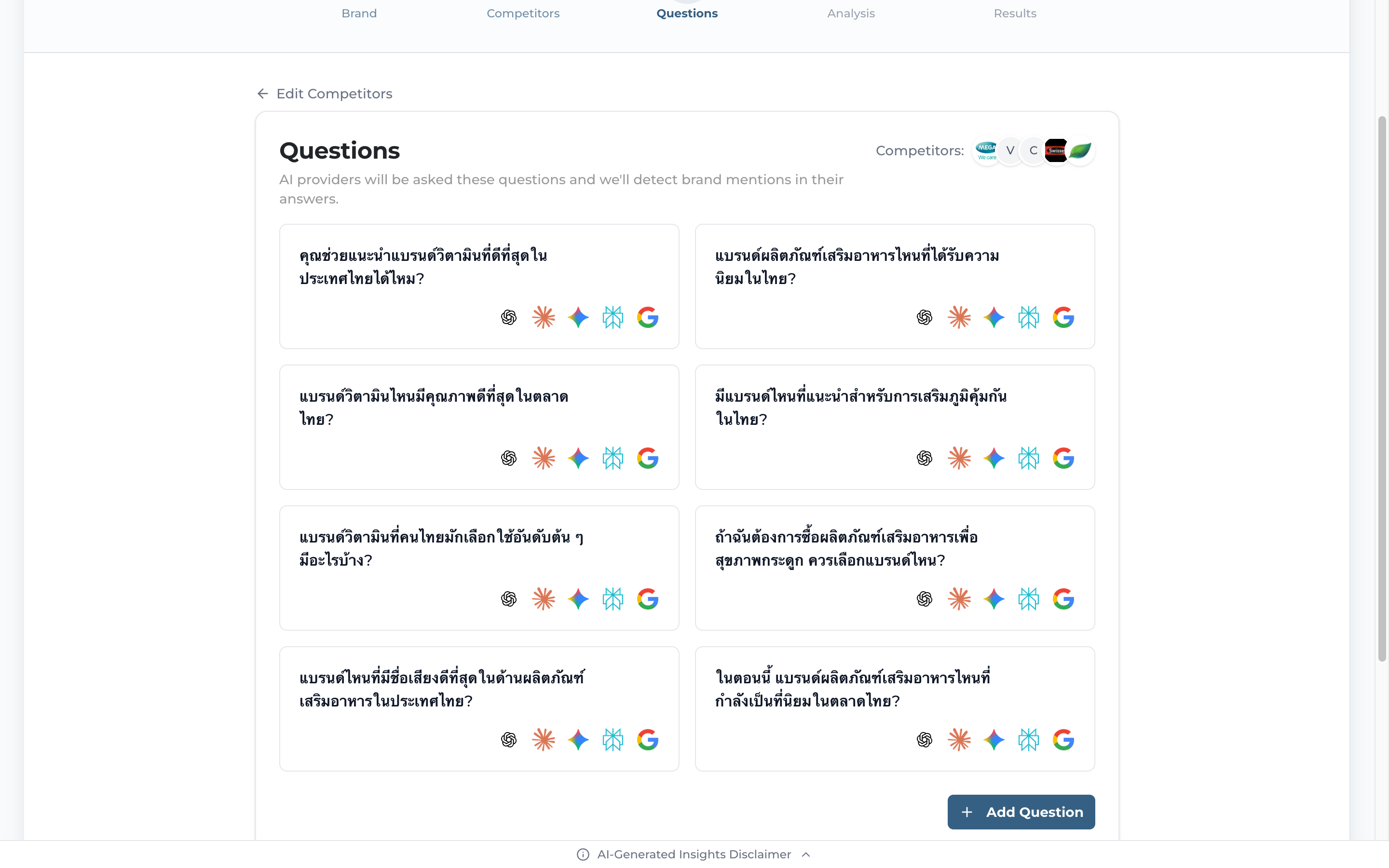 Eight AI-generated Thai buyer questions, each with five provider icons